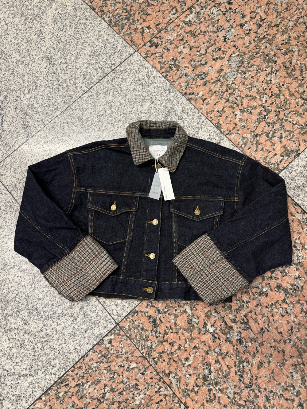 NWT Habitual Indigo Denim Jacket with Plaid Trim on cuff and collar sz S